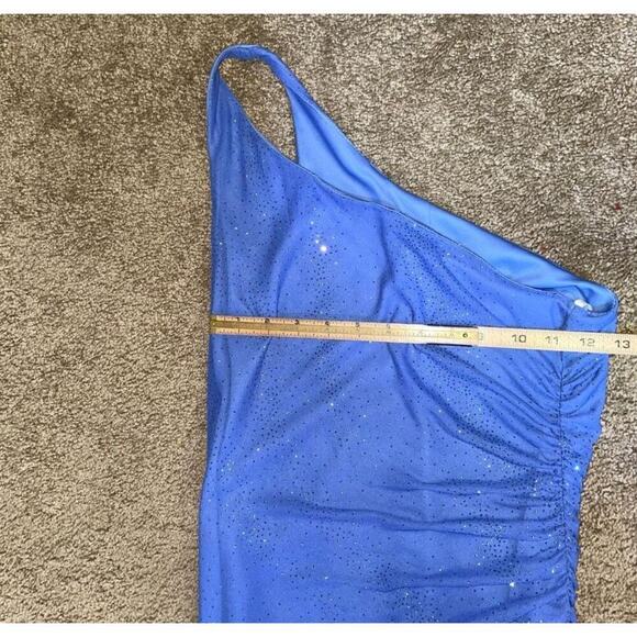Vintage Kristopher maxi body con dress one shoulder ruched Sky blue stretch SZ M - Picture 6 of 9